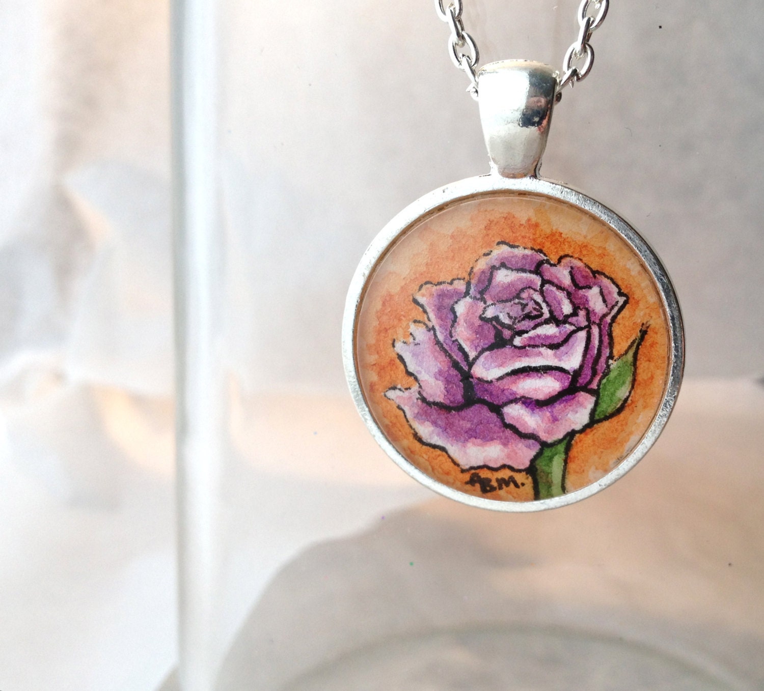Purple Rose - Wearable Artwork  Necklace - Original Miniature Watercolor Painting - One of a Kind