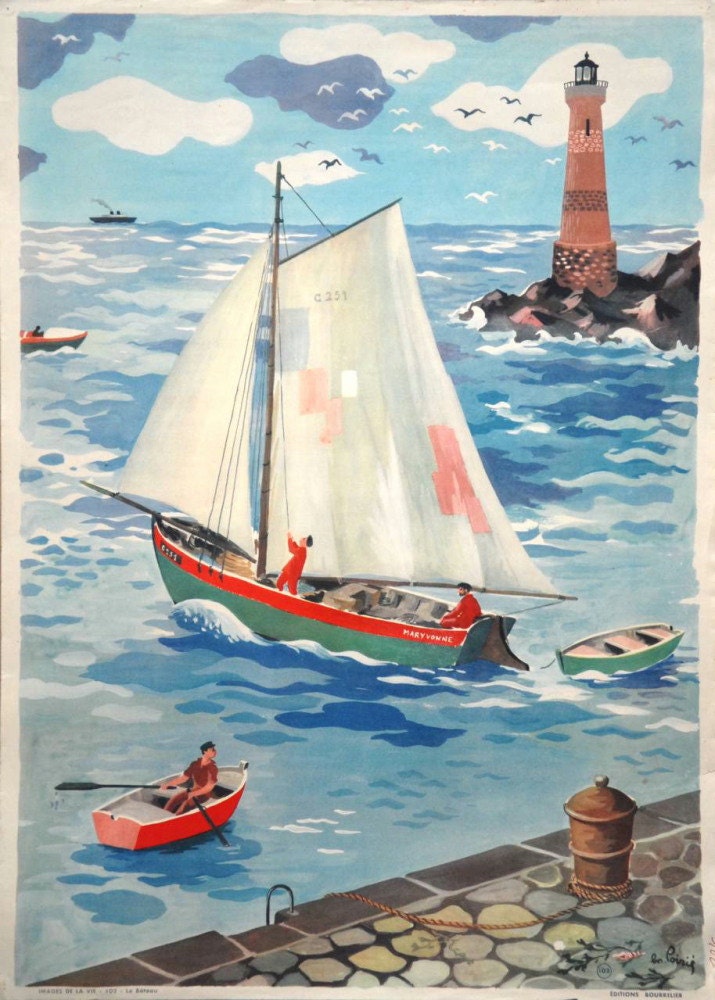 Vintage French poster from 1950s - school, classroom poster - nautical