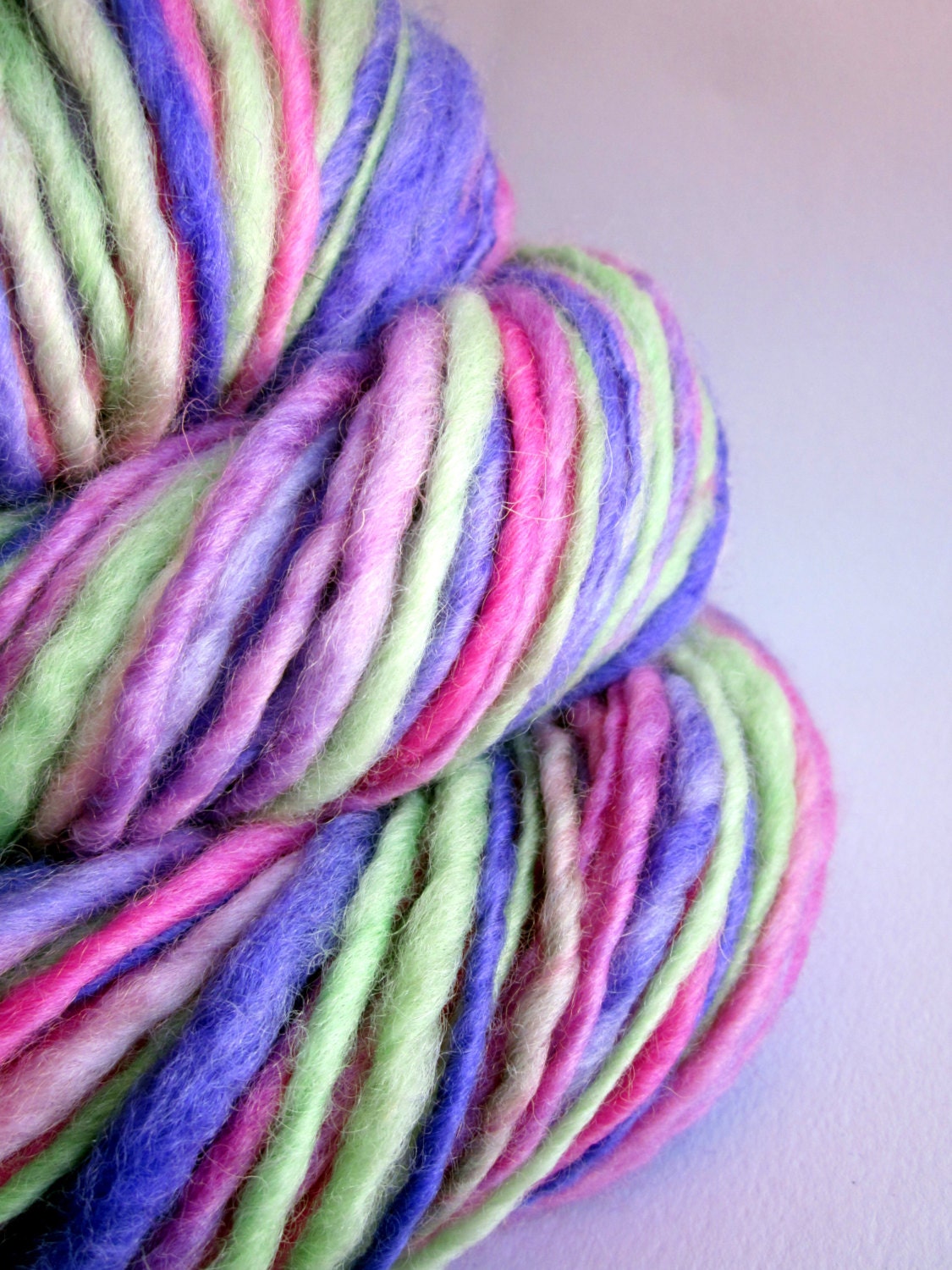 Handspun yarn uk knitting supplies blue faced leicester -  thick and thin chunky 190 yards purpel, pink and green
