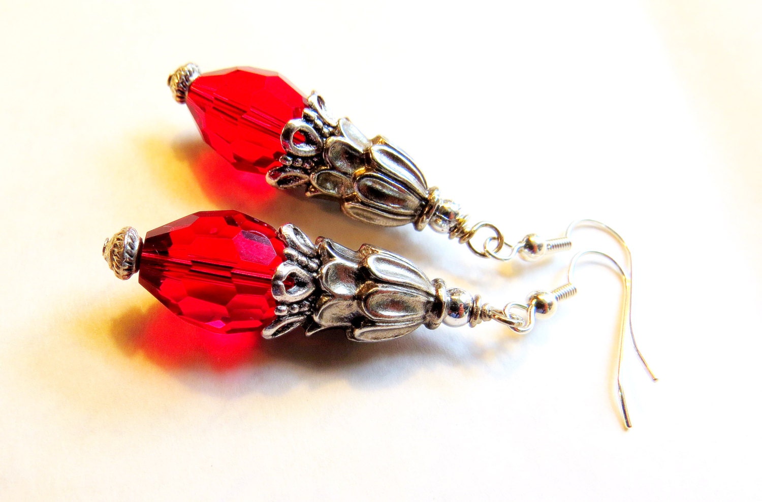 Womens jewelry pierced earrings dangle Victorian vintage style romantic bright red beaded tagt ldteam