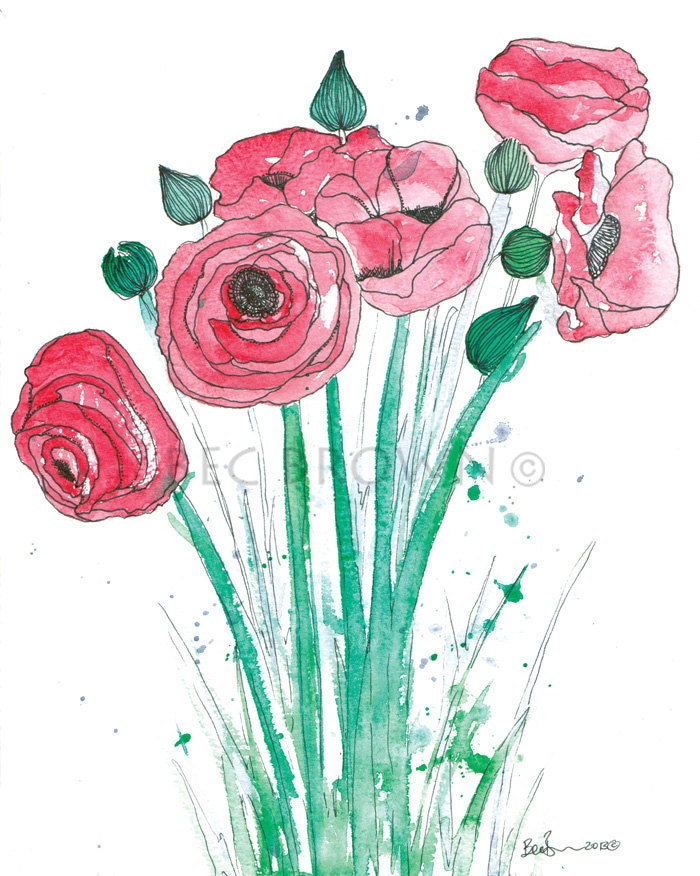 Red Poppy Vase Watercolour Art Drawing 8x10" Print (unframed)