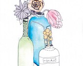 Wildflowers in bottles Watercolour Art Drawing 8x10" Print (unframed)