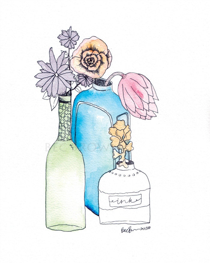 Wildflowers in bottles Watercolour Art Drawing 8x10" Print (unframed)