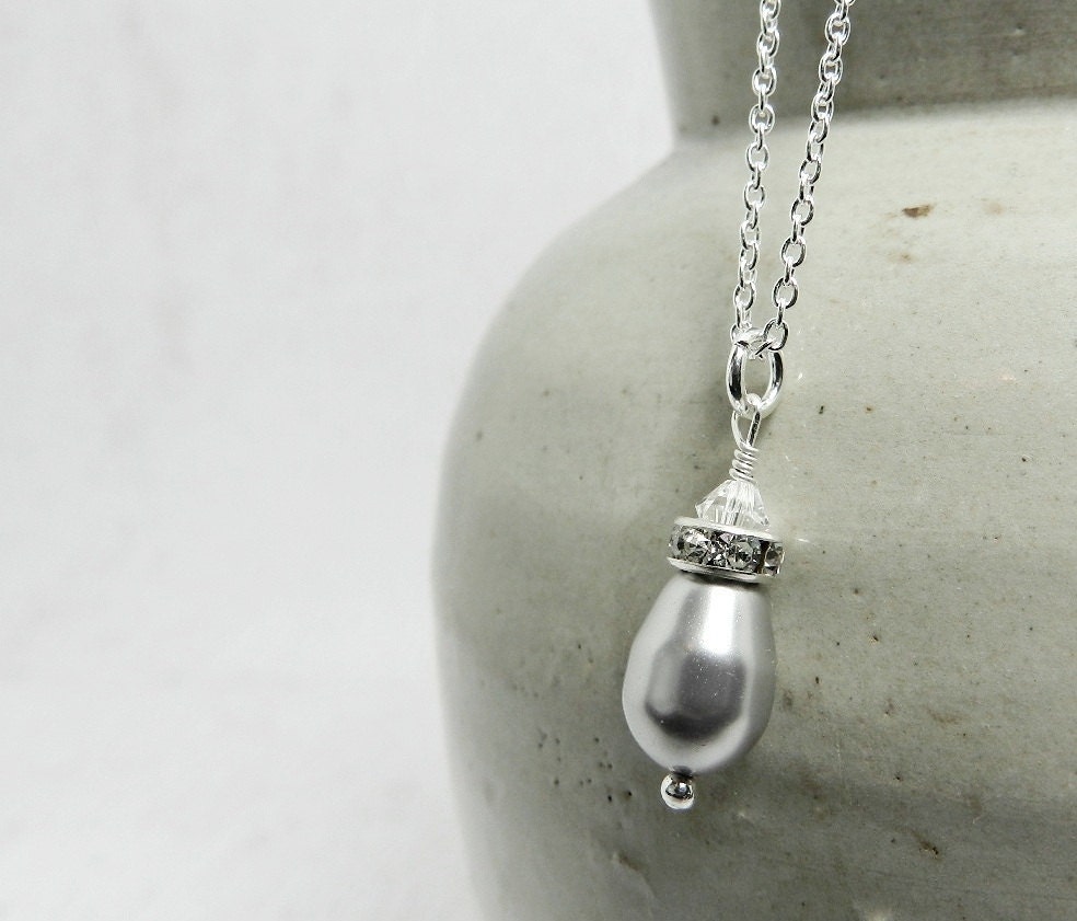 Bridesmaid Jewelry Gray Pearl Pendant Necklace - Swarovski Teardrop Pearl Drop w Rhinestones