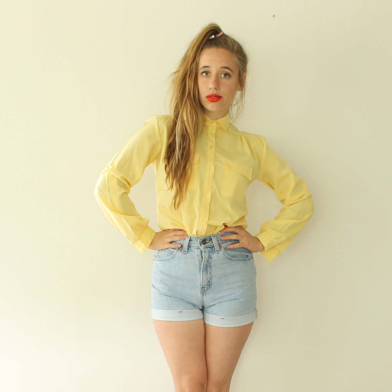 80s Silky Yellow Blouse // Shirt // Oxford Button Up
