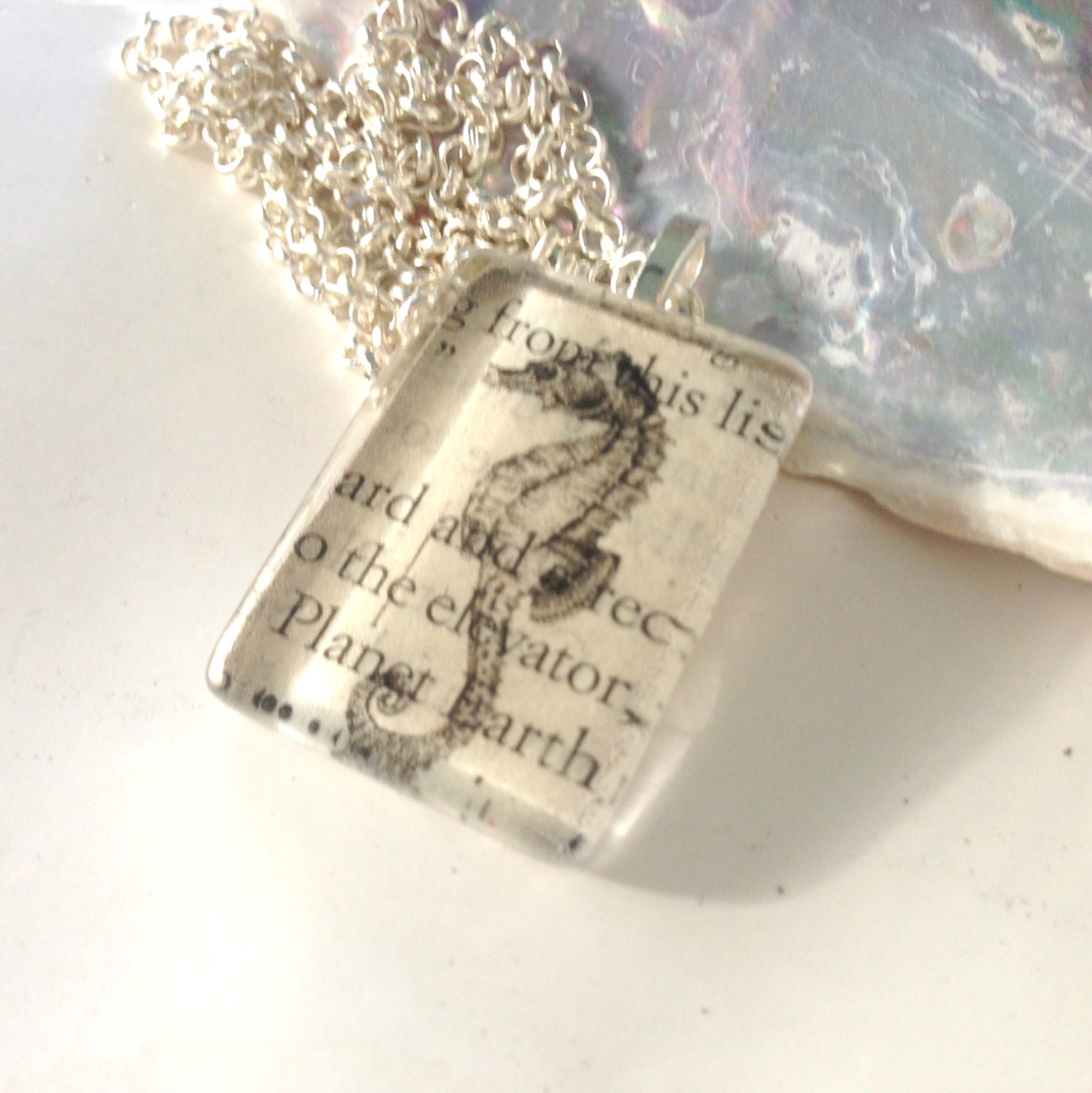 Black and White Seahorse Pendant Necklace, Book Print - Eco-friendly - YesAnastasiaJewelry