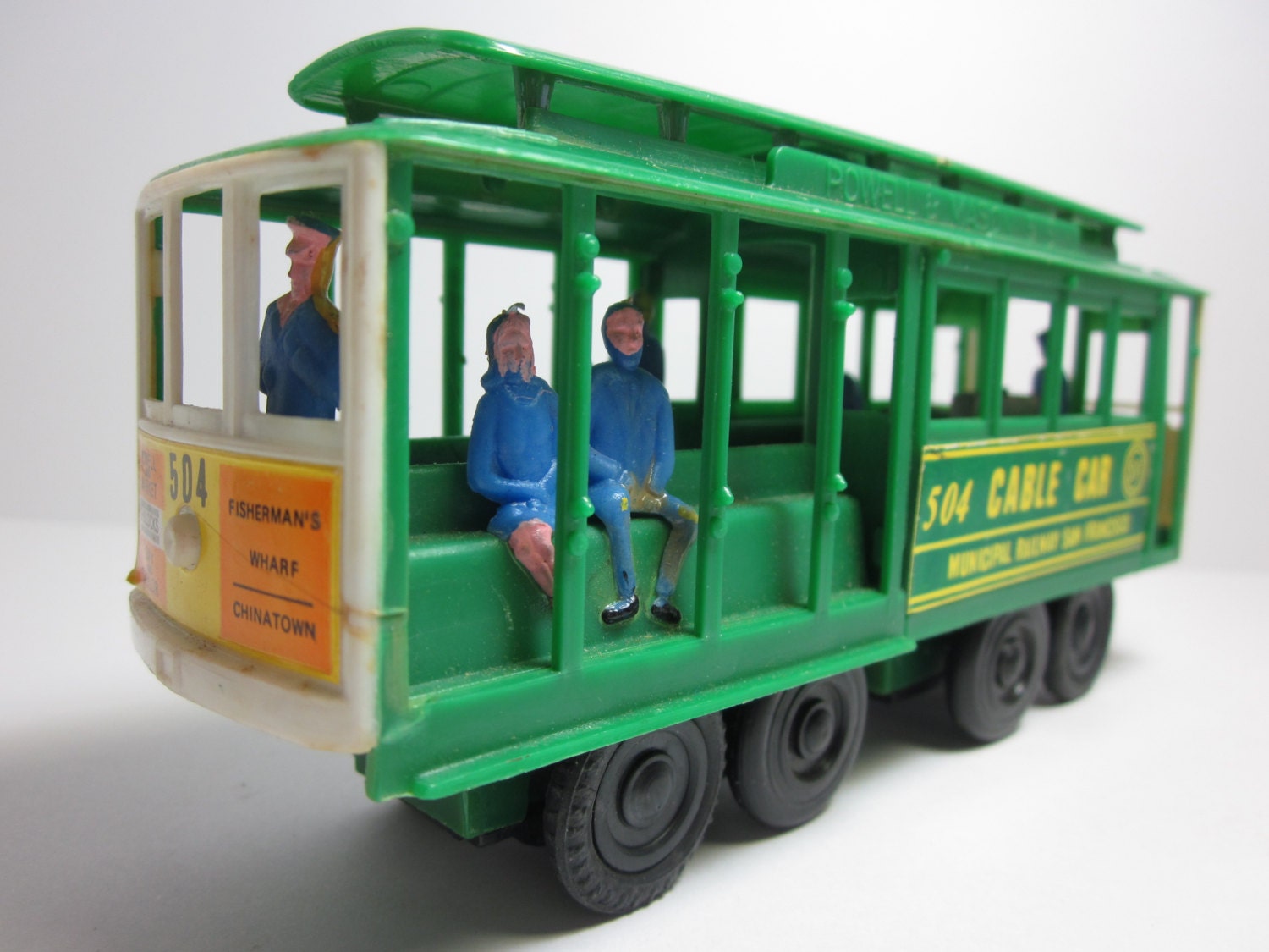 Vintage 1950's San Francisco Green Plastic Friction Toy Cable Trolley Car Souvenir with Working Bell, Municipal Railway Made in Hong Kong