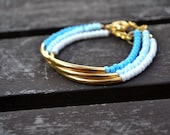 Ocean Ombre Bracelet Trio - Aqua, Baby Blue, and White Czech Seed Bead Gold Tube Bracelets - Stacking Arm Party Lobster Clasp Bracelets