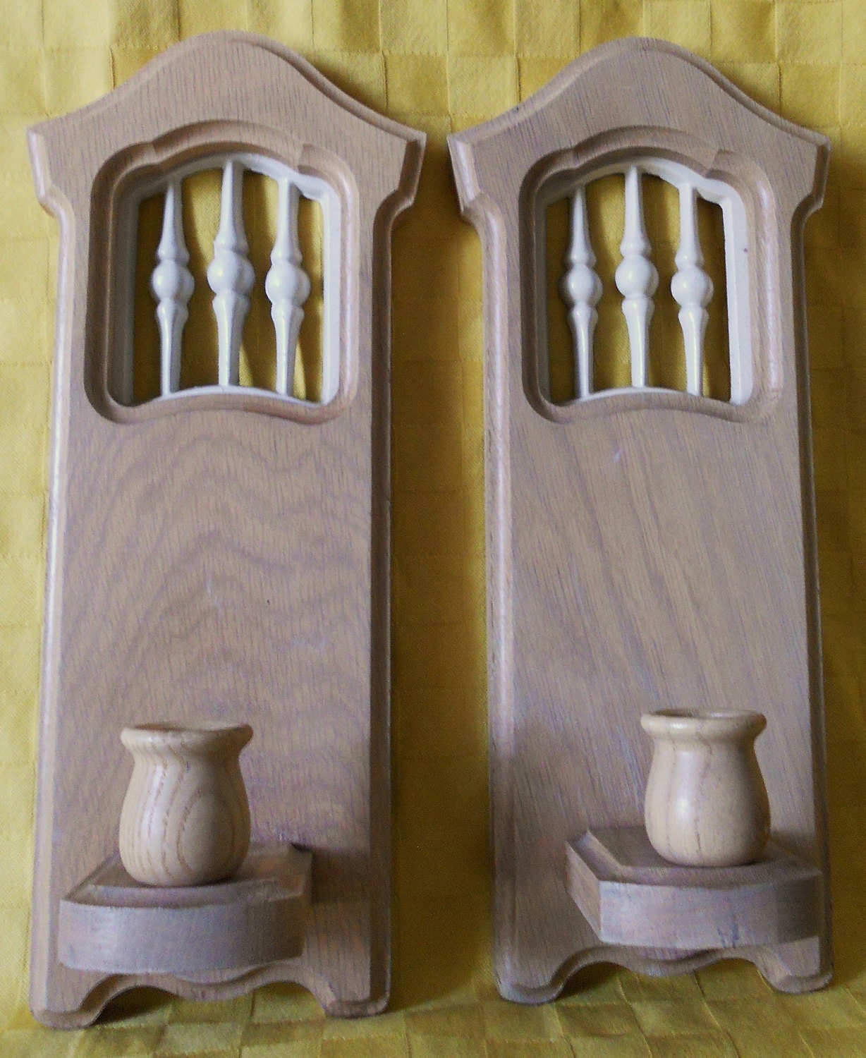 Very Nice Set of 2 Retro Wood and Iron Wall Candle Sconces - Made in the USA - Sexton