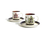Vintage Coffee Mugs Tea Cups Set Pair Two Boch Belgium White Ironstone Pink Green Floral Pattern Mid Century Modern Serving Kitchenware