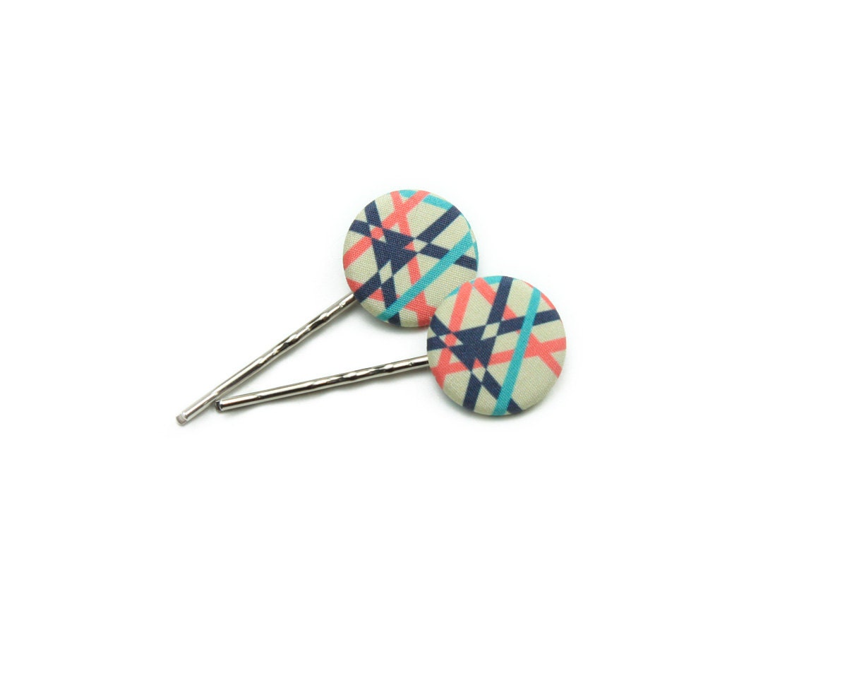 Geometric Print Hair Pins - Coral Navy Mint