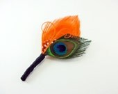 Orange Peacock Feather Boutonniere / Lapel Pin / Tangerine / Groomsmen / Peacock Wedding