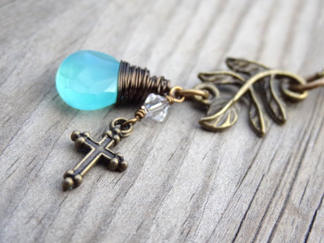 Bronze Wire Wrapped Aqua Blue Chalcedony with Vine Leaves, Cross and Crystal Charm Necklace Handmade Christian Religious Jewelry