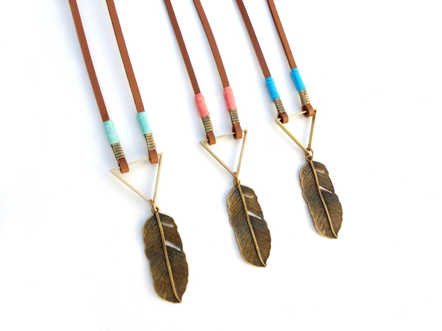 Tribal Brass Feather and Triangle with Coral Peach Pink Thread Leather Necklace