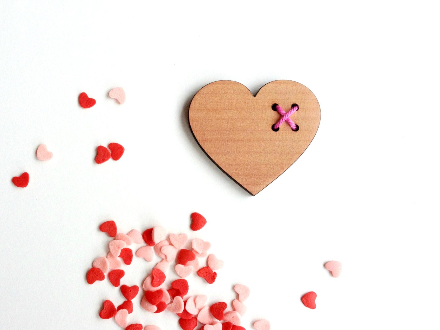 Valentines Day Cross My Heart Love Brooch - Tasmanian Myrtle and Pink Yarn Stitching Embroidery