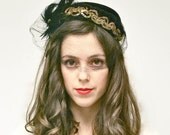 Vintage 1940s Hat: Tilt Hat, Black Military Style Hat, 40s Topper Hat  with Veil