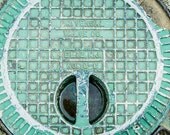 Rustic Industrial Art, Old Manhole Cover, Fine Art Photography Print, Teal, Turquoise, Mint, Aqua
