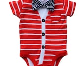 Cardigan and Bow Tie Onesie Set - Red with Navy Herringbone - Trendy Baby Boy - Perfect for Spring Shower