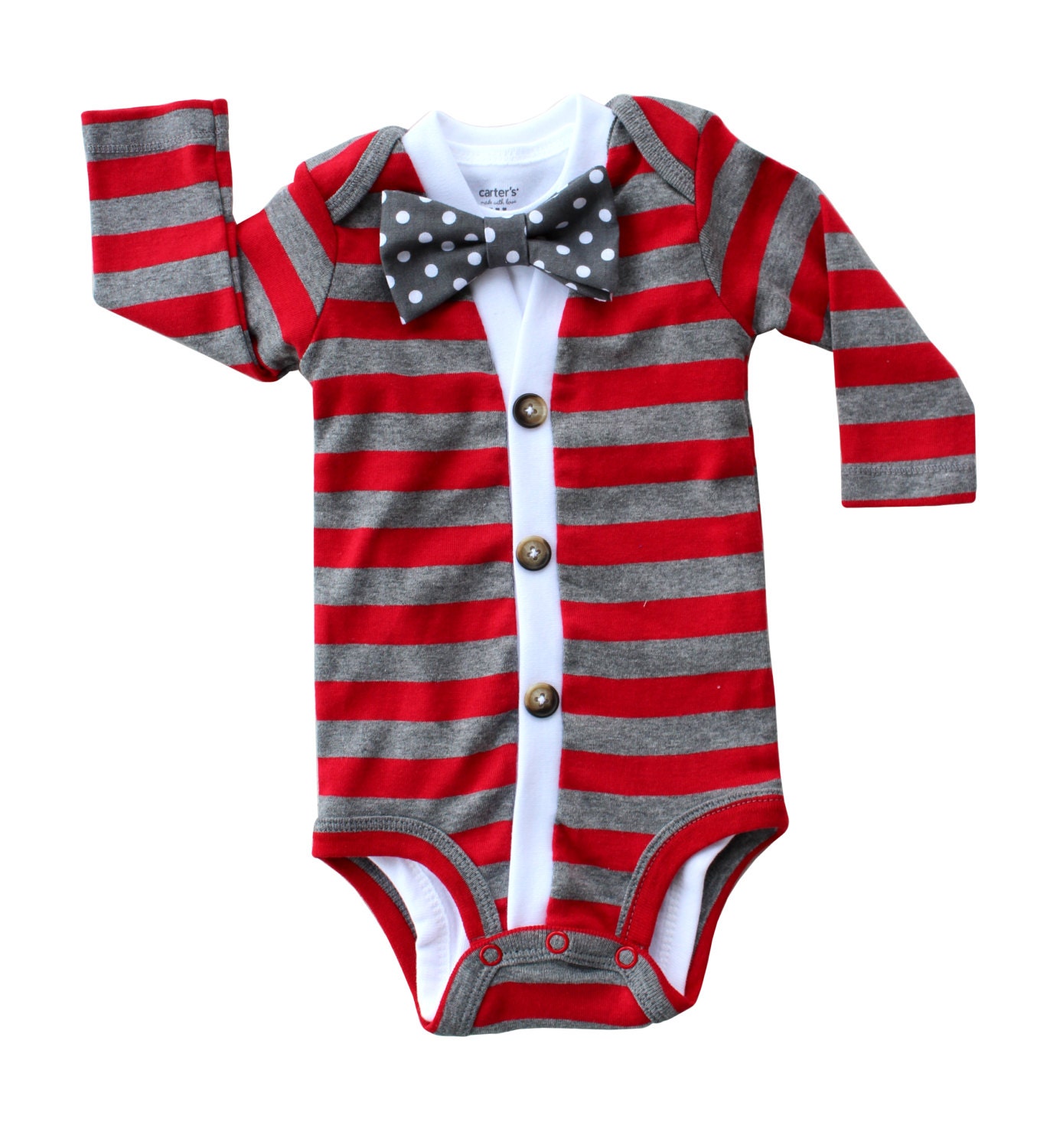 Cardigan Onesie and Bow Tie Onesie Set - Red Stripes with Grey Polka Dot Bow Tie