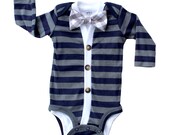 Cardigan and Bow Tie Onesie Set - Navy and Grey Gingham - Trendy Baby Boy