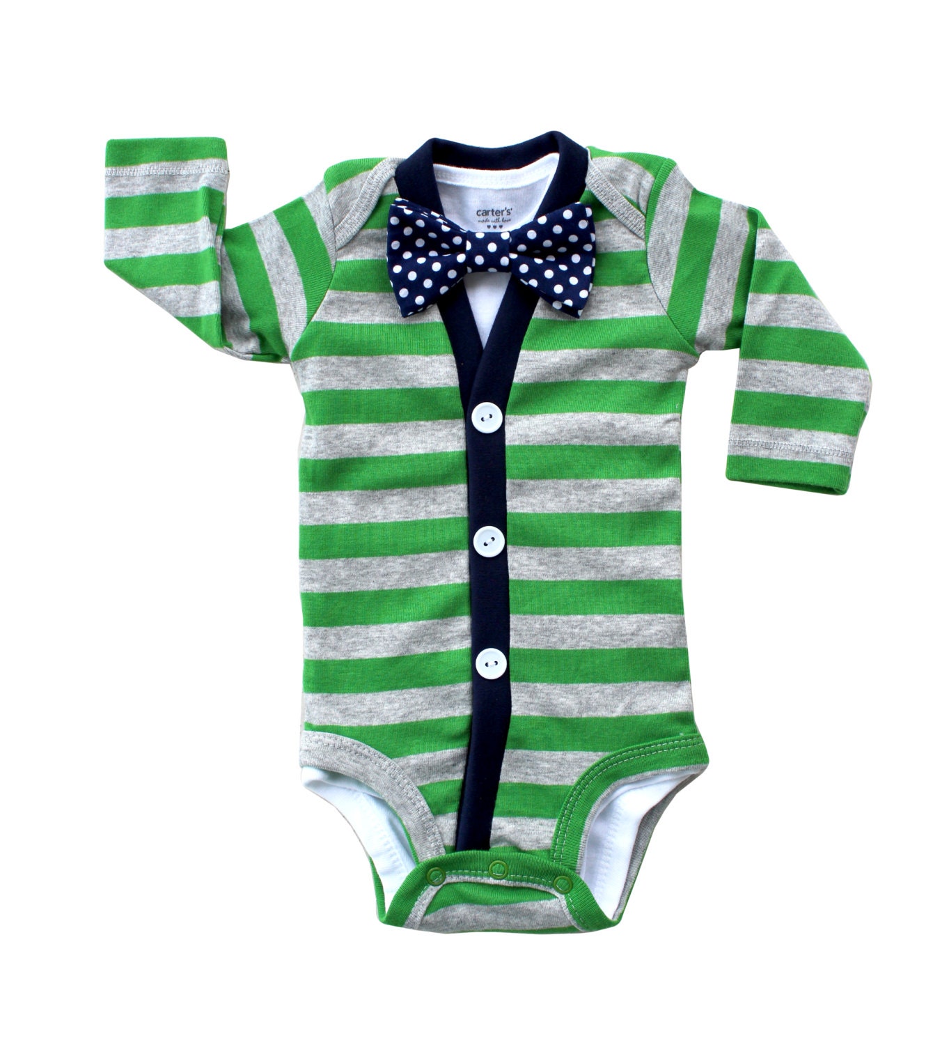 Cardigan Onesie and Bow Tie Onesie Set - Green with Navy Polka Dots - Trendy Baby Boy