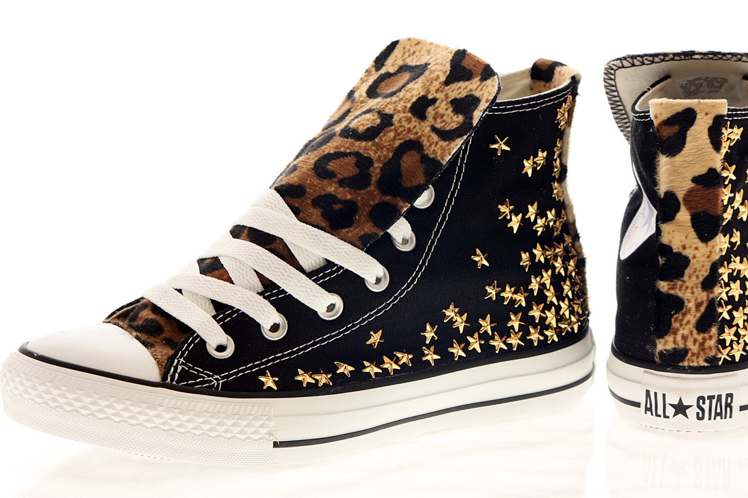 Studded Converse, Star Studs with faux leopard fur by CUSTOMDUO
