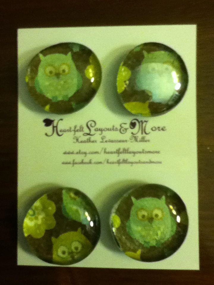set of four glass magnets with images of owls.