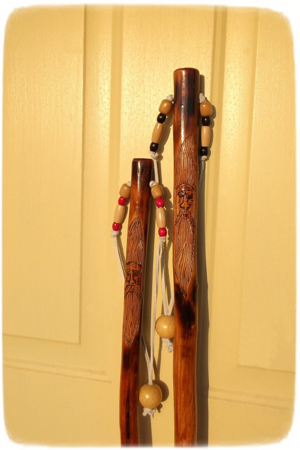 His & Hers Hiking Sticks - Burned WOOD SPIRITS, outdoors, nature, trails, wooden, beads, ready to ship, OOAK