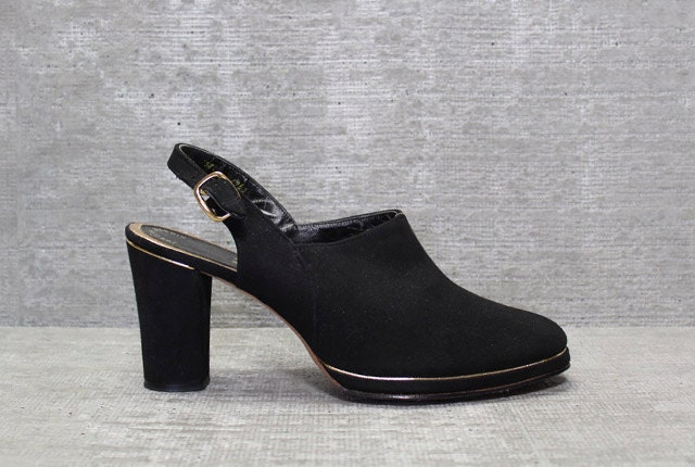 Vtg 70s Black Joseph Magnin Nubuck Leather Mules Clogs Minimalist Heel Shoes 7 1/2 7.5 M