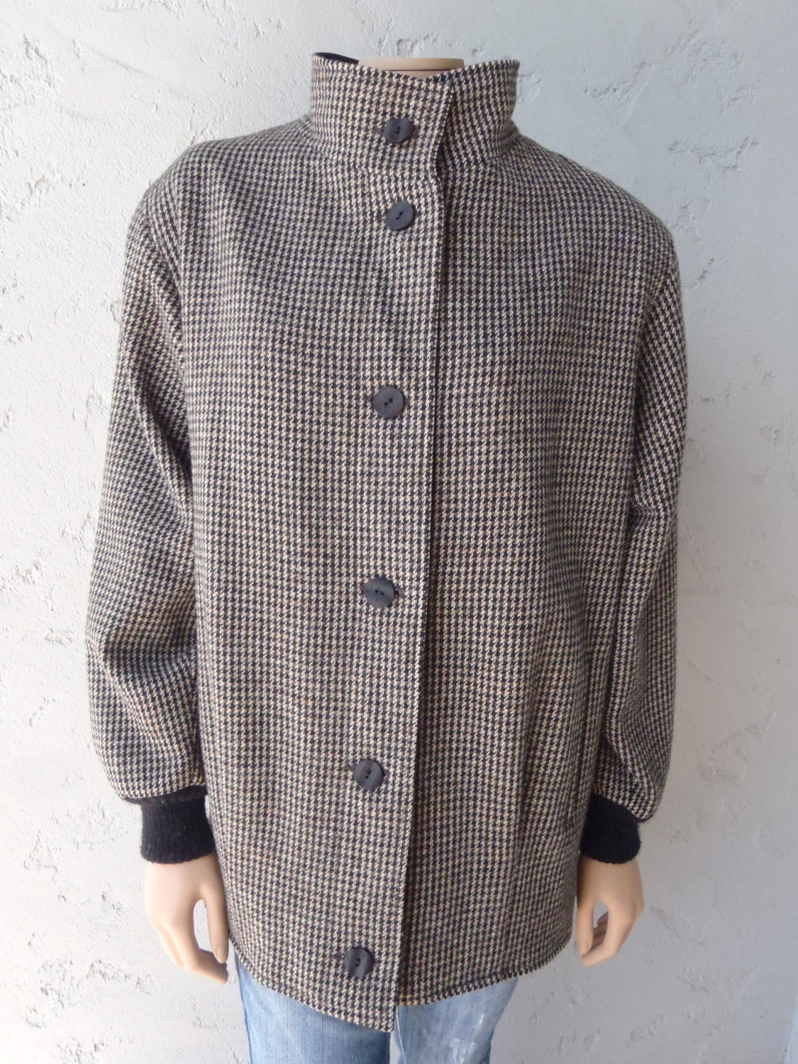 80s Wool Jacket/Coat by Kristen Blake /Black Brown Herringbone Bomber Coat/  Vintage Womens Clothing by Feisty Farmers Wife