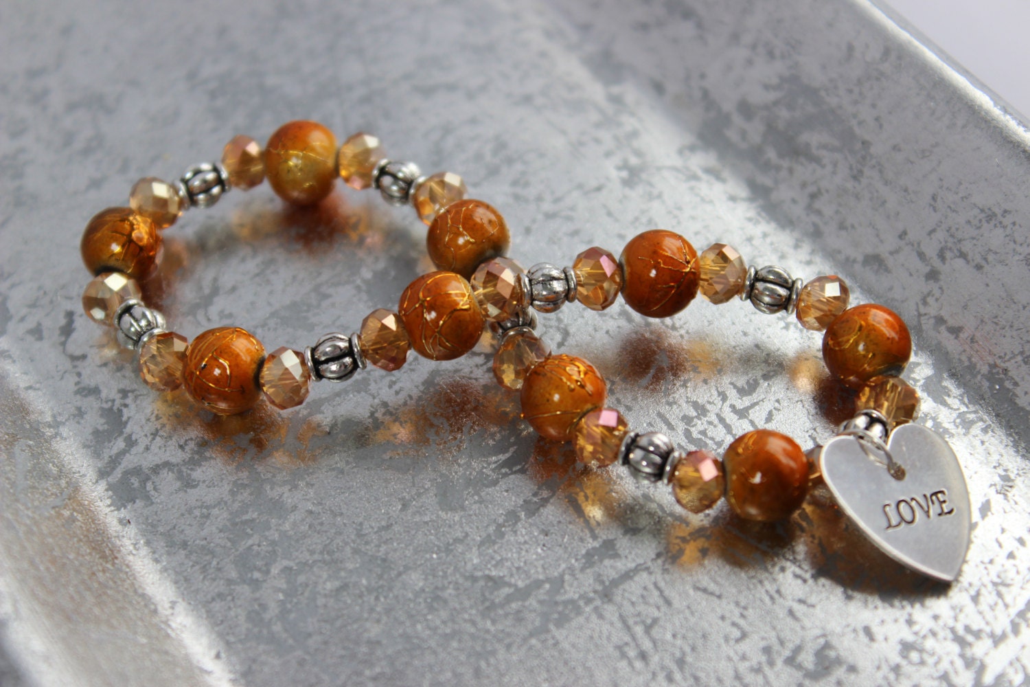 Orange Stretch Bracelet with Silver Heart Charm - Handmade Charm Bracelet - "LOVE" Bracelet - Beaded Bracelet - OOAK  - Ready to Ship