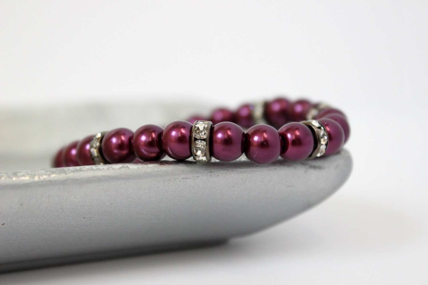 Dark Plum and Gunmetal Gray Faux Pearl and Crystal Beaded Bracelet - Handmade Jewelry - Wedding Jewelry - Bridesmaid Gift - Ready to Ship