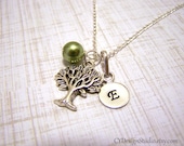 On Sale - Custom Initial Hand Stamped Tree of Life Charm Glass Pearl Personalized Monogrammed Sterling Silver Necklace