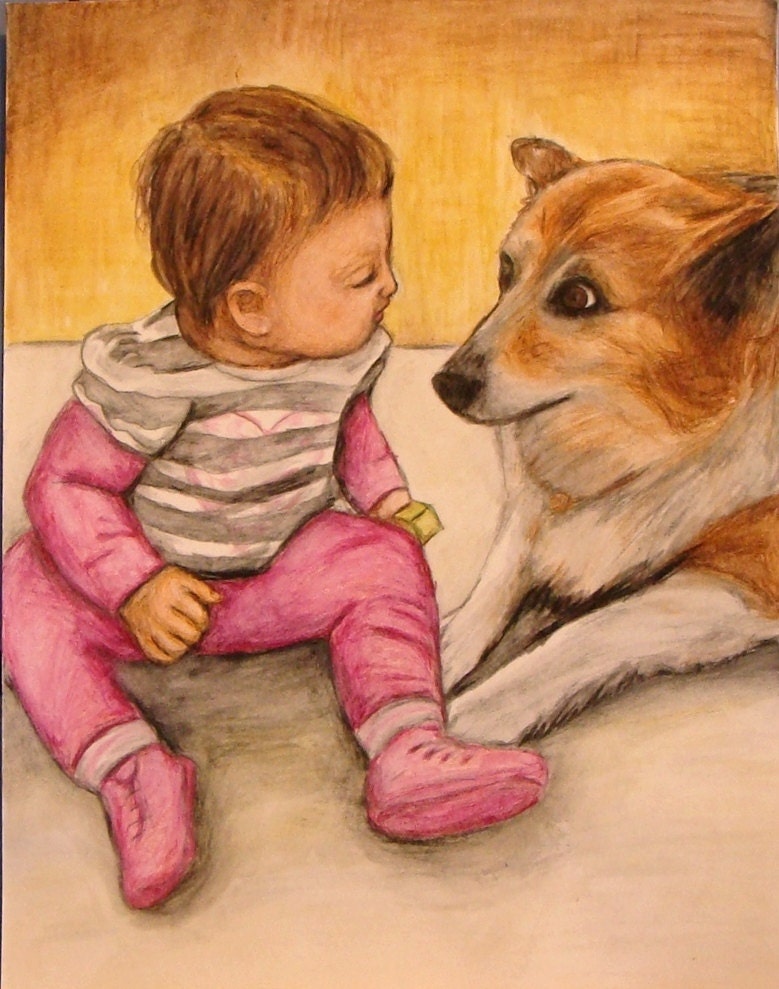 Custom portrait painting in watercolor pencil. Subjects can be children, baby, family, adults, and pets based on your photo  - size 11x14"