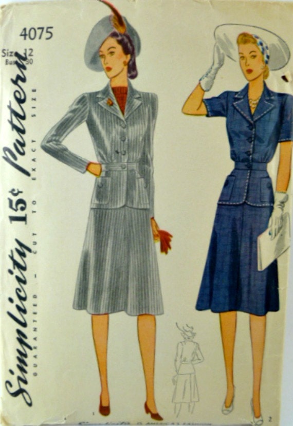 Vintage 40s Simplicity 4075 Pattern Misses Two Piece Suit Dress Skirt Jacket Size 12 Bust 30 p2z