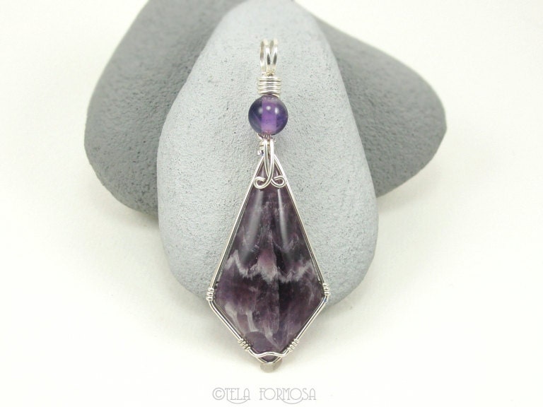 Chevron Amethyst Pendant, Natural Stone Cabochon Pendant Purple Pendant, Sterling Silver Wire Wrapped Pendant, Handmade, Semi Precious Stone