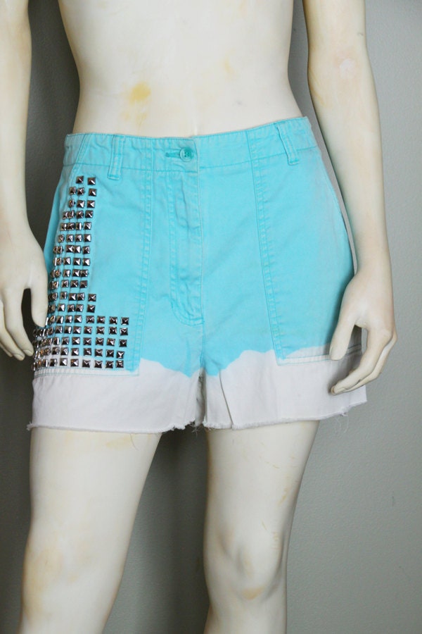 Vintage High Waist Aqua DIY Bleached Bottom Studded Shorts