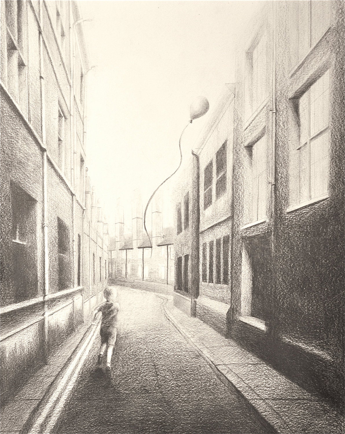 Childhood: 8" x 10" Fine Art Print of Original Pencil Drawing -- Perspective Figure Urban Landscape