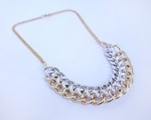 Chunky Statement necklace - White satin cord braided gold and silver double chain