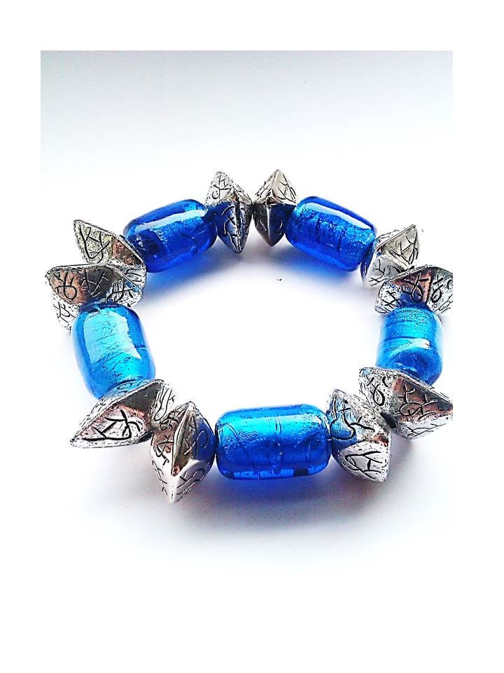 Light Blue Foil and Pewter Bead Stretch Bracelet - British (UK) Handmade Jewellery Designer ( No Delivery Fees to International Customers)