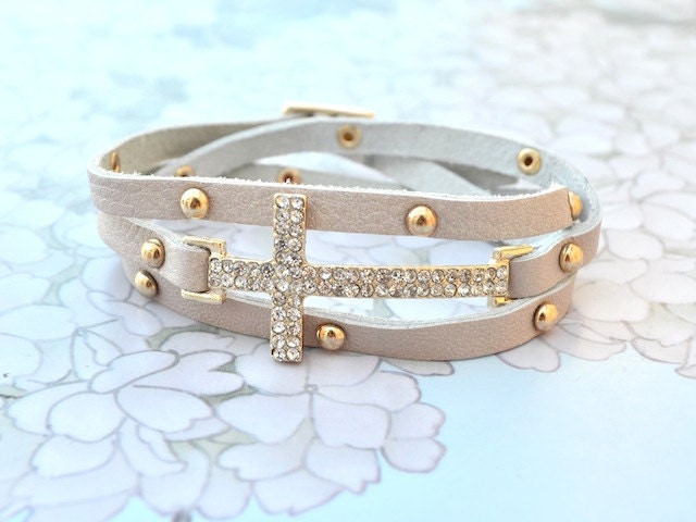Rhinestone Sideways Cross Bracelet Leatherette Wrap - Beige