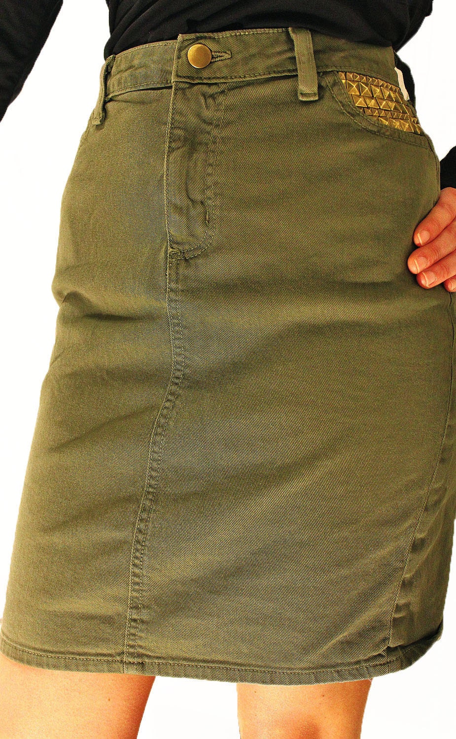 Olive Drab High-Waisted Studded Denim Pencil Skirt Size Medium - Free Shipping