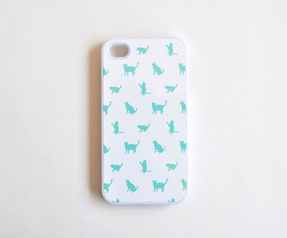 Cat iPhone 4 Case in White and Mint Green - Cute Plastic iPhone Case for Girls - White and Mint Green iPhone Case - Accessories for iPhone