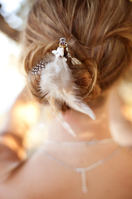 bohemian hair stick (1) - mix of feathers, stones, charms on wood