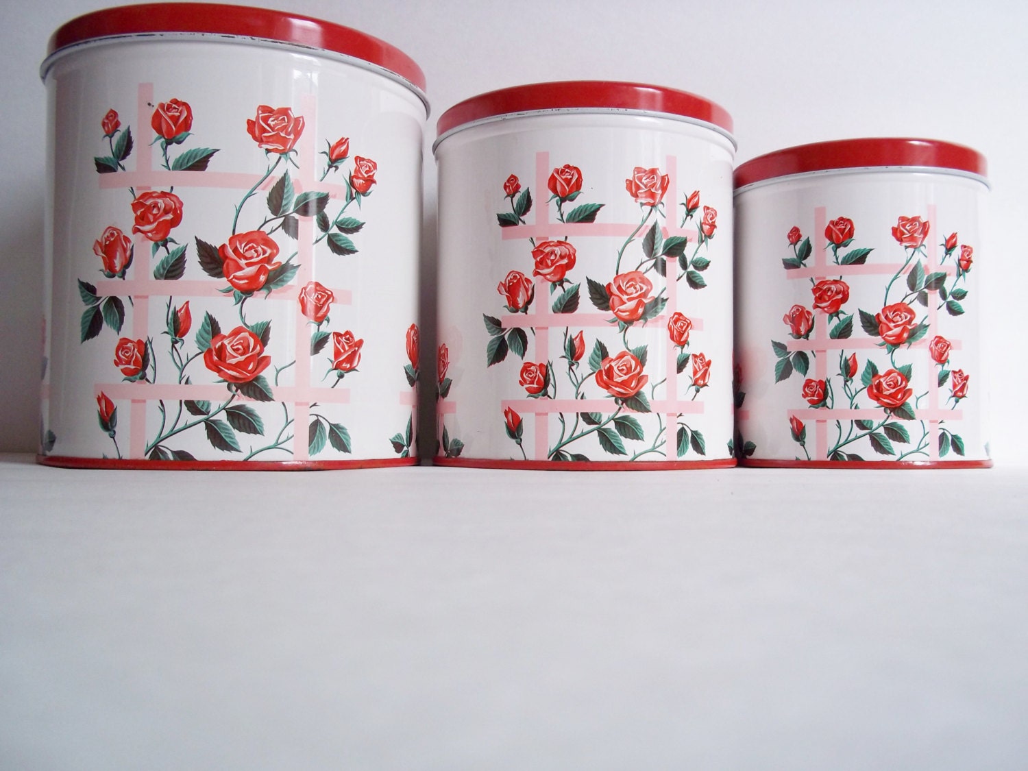 Vintage Decoware Red Roses Canisters Vintage Kitchen Housewares Home decor Cottage Country Mid Century Retro Shabby