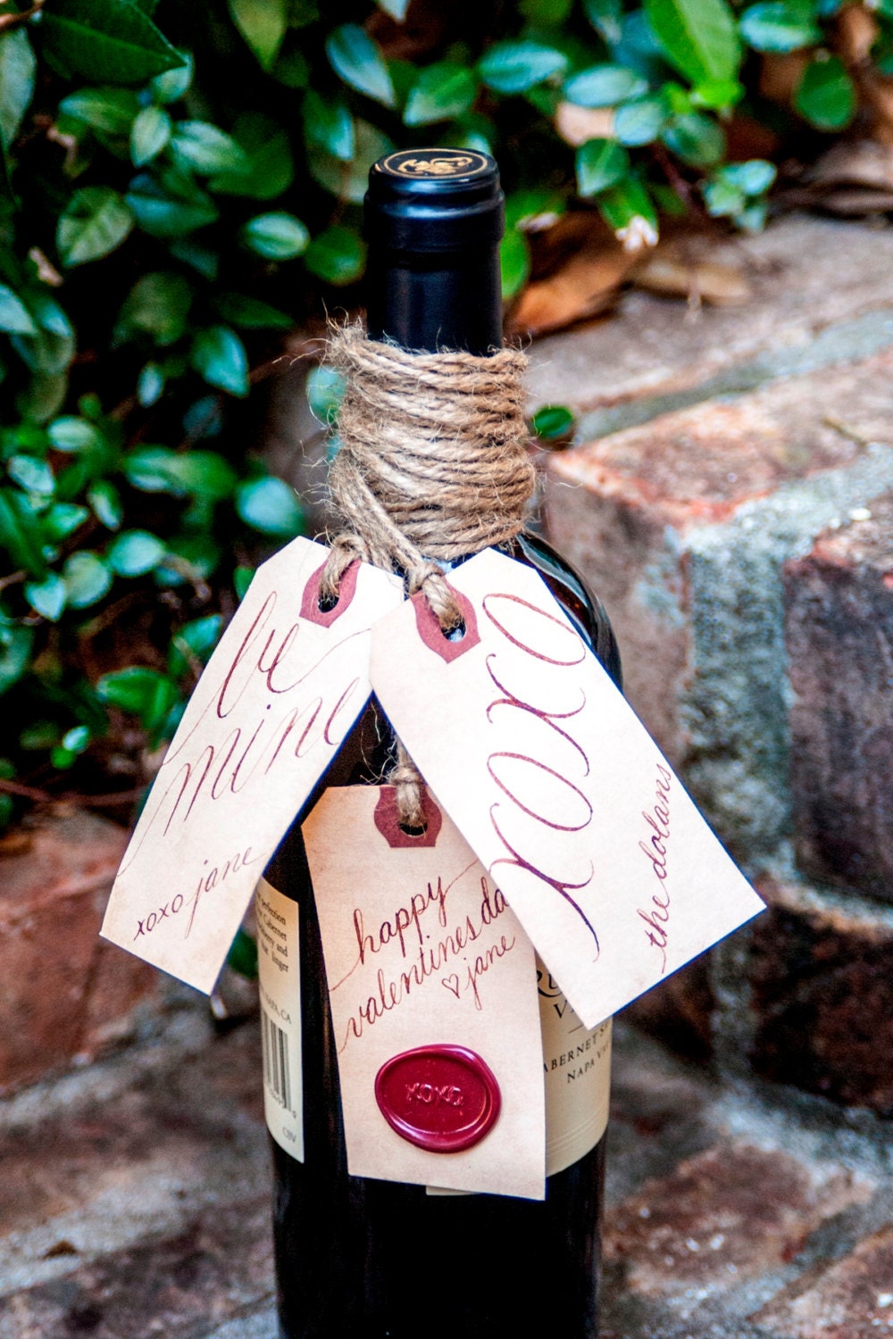 Valentine's Day Wine and Gift Tags (3) - Personalized Hand Calligraphy   Custom Gift Labels - X0X0 Wax Seal /Stained /Vintage Inspired