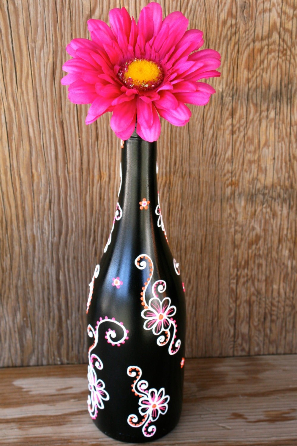 Hand Painted Wine Bottle Vase Up Cycled Black With By Lucentjane