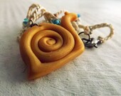 Golden Snail Necklace Polymer Clay Pendant with Cotton Crochet Cord and Glass Beads Whimsical Jewelry Yellow Necklace Summer Jewelry