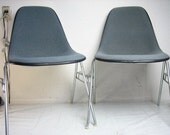 EAMES GRAY PAIR 2 chairs Alexander Girard hopsack upholstery fabric parchment fiberglass molded shell chair stacking bases Herman Miller