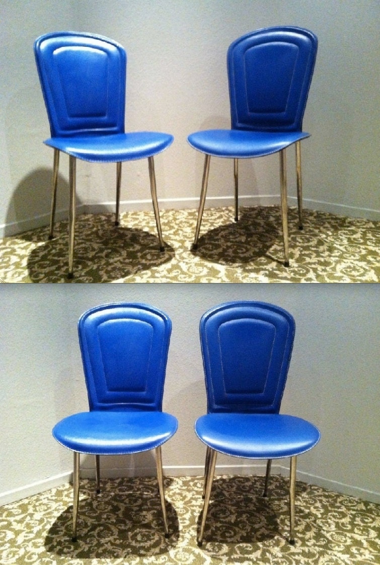 MID CENTURY MODERN Blue Naugahyde Vinyl Chairs Pair 2 Eames Mad Men era style Art Deco Regency